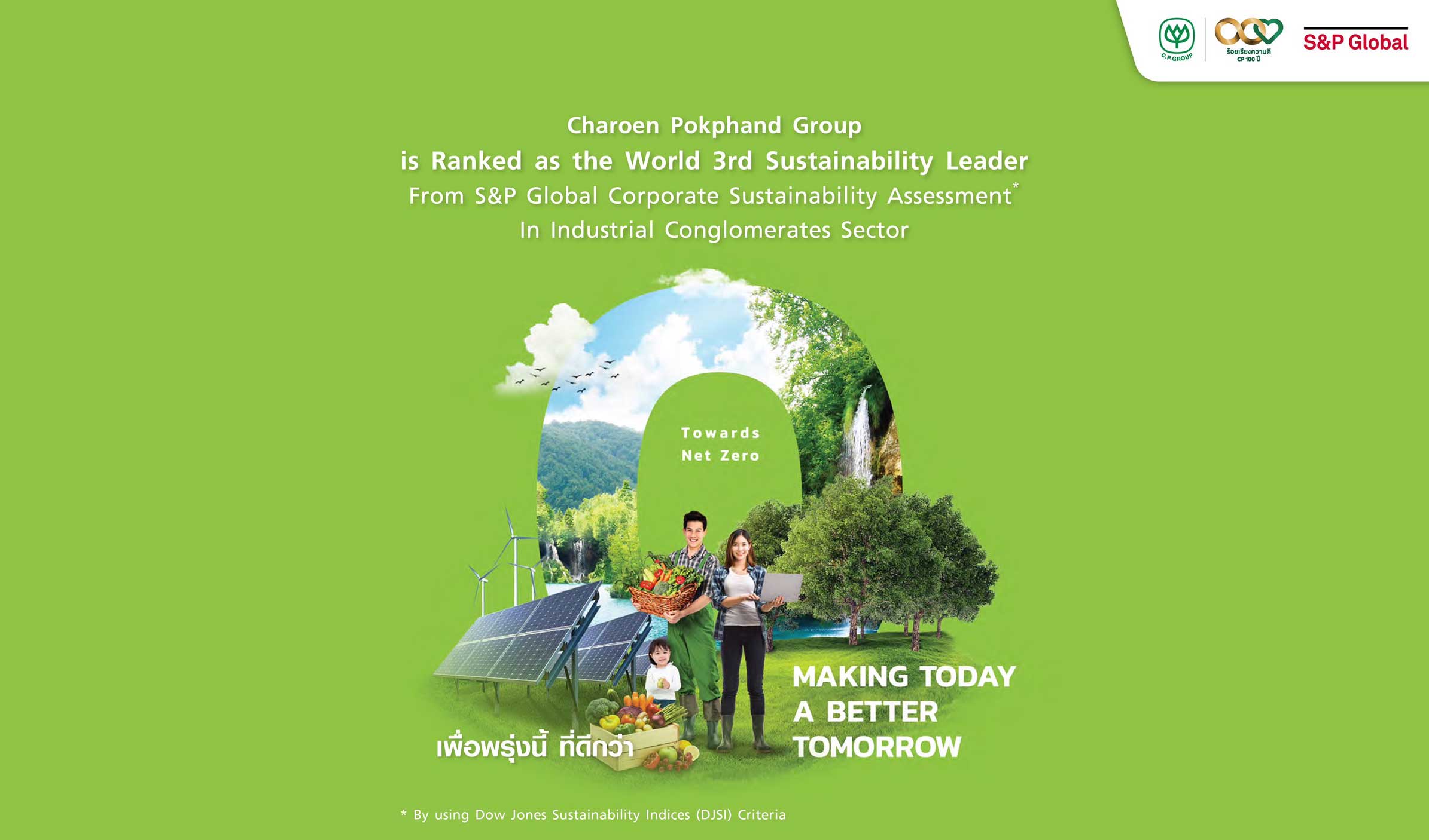 C.P. Group listed as Top 3 Global Sustainable Companies from the Corporate Sustainability Assessment by S&P Global under ‘Industrial Conglomerates’ (IDD: Industrial Conglomerates)